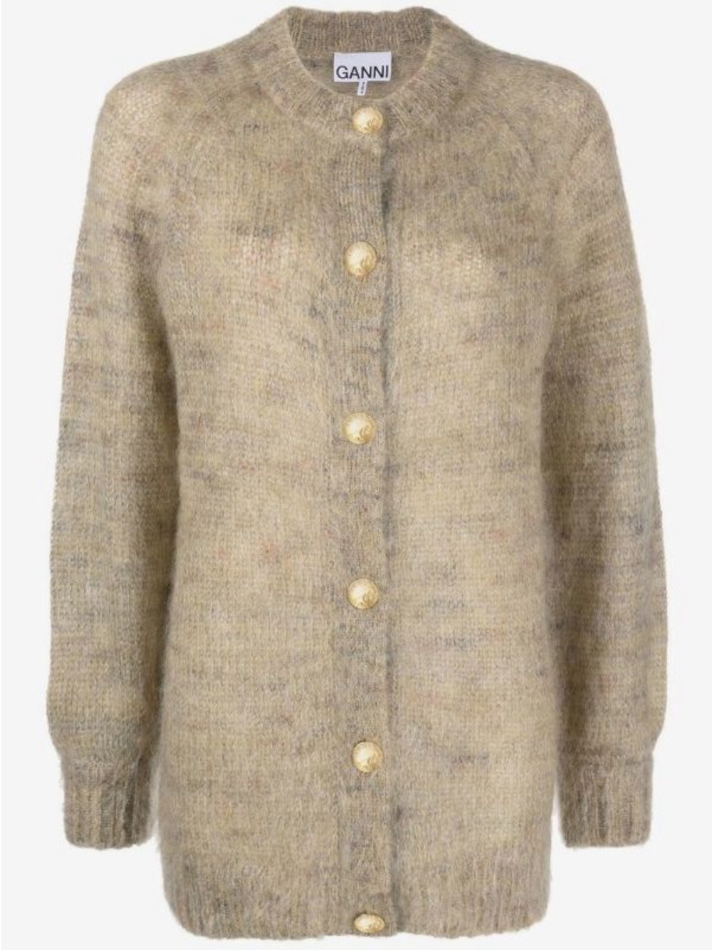 Ganni Beige Fuzzy Mohair-Blend Button Cardigan with Gold Buttons